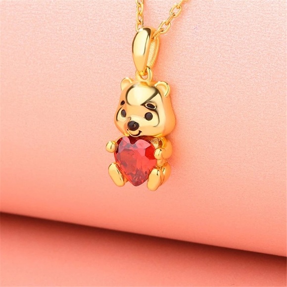 Winnie the Pooh Beand new Necklace Womans jewelry red heart rhinestone gold - Picture 2 of 5